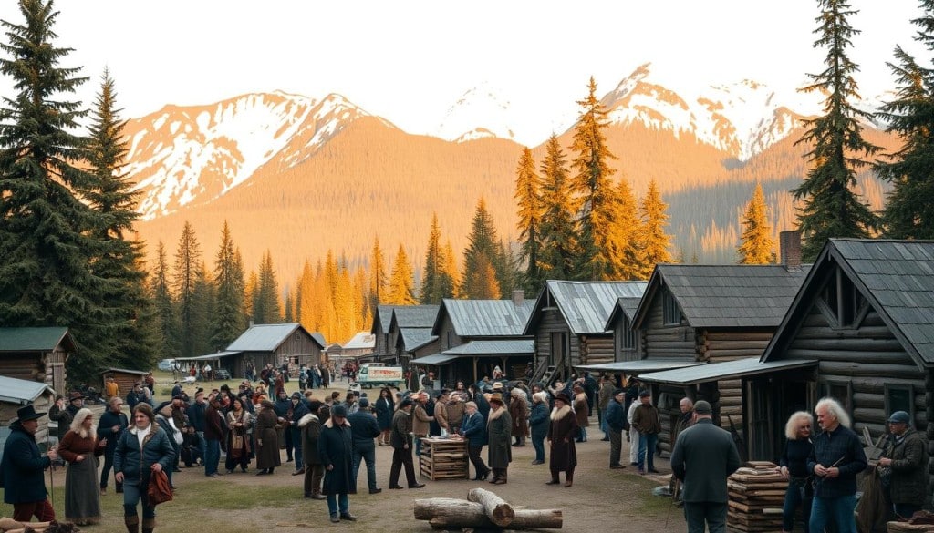 A bustling Hudson's Bay Company trading post set against the rugged Canadian wilderness of the Fur Trade Era. In the foreground, a group of fur traders and Indigenous people barter over pelts and supplies, their interactions illuminated by warm, late-afternoon sunlight filtering through the towering pines. In the middle ground, a cluster of log cabins and storehouses, their weathered timber contrasting with the snowy peaks in the distance. The scene is imbued with a sense of historical importance, capturing the economic and cultural exchange that defined this pivotal era in the development of British Columbia.