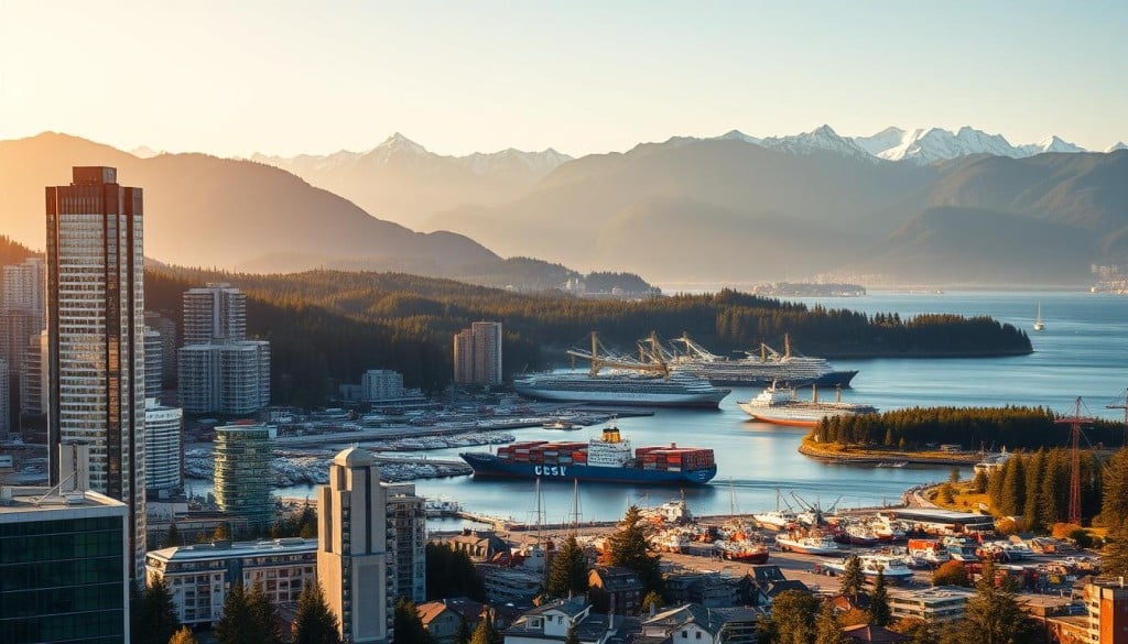 A bustling metropolis nestled between majestic mountains and the vast Pacific, British Columbia's economic diversity shines through. In the foreground, a modern skyscraper skyline reflects the region's thriving technology and finance sectors. In the middle ground, a bustling harbor teems with cargo ships and fishing vessels, emblematic of the province's robust maritime industry. The background is dominated by lush, evergreen forests and snow-capped peaks, a nod to the province's rich natural resources and outdoor recreation opportunities. The scene is illuminated by warm, golden sunlight, conveying a sense of prosperity and opportunity. This striking image captures the dynamic blend of urban, maritime, and natural elements that define the economy of modern British Columbia.