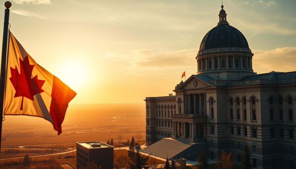 A grand panoramic scene of Manitoba's Confederation history, captured with a cinematic wide-angle lens. In the foreground, the Canadian flag proudly waves, symbolizing the province's integration into the nation. In the middle ground, the stately Manitoba Legislative Building stands tall, its neoclassical architecture a testament to the province's political heritage. Behind it, the vast prairies stretch out, dotted with rolling hills and winding rivers, a natural backdrop for this historic moment. The sky is painted in warm, golden hues, conveying a sense of pride and optimism as Manitoba embarks on its journey as a province. Lighting is soft and natural, creating a serene and immersive atmosphere.
