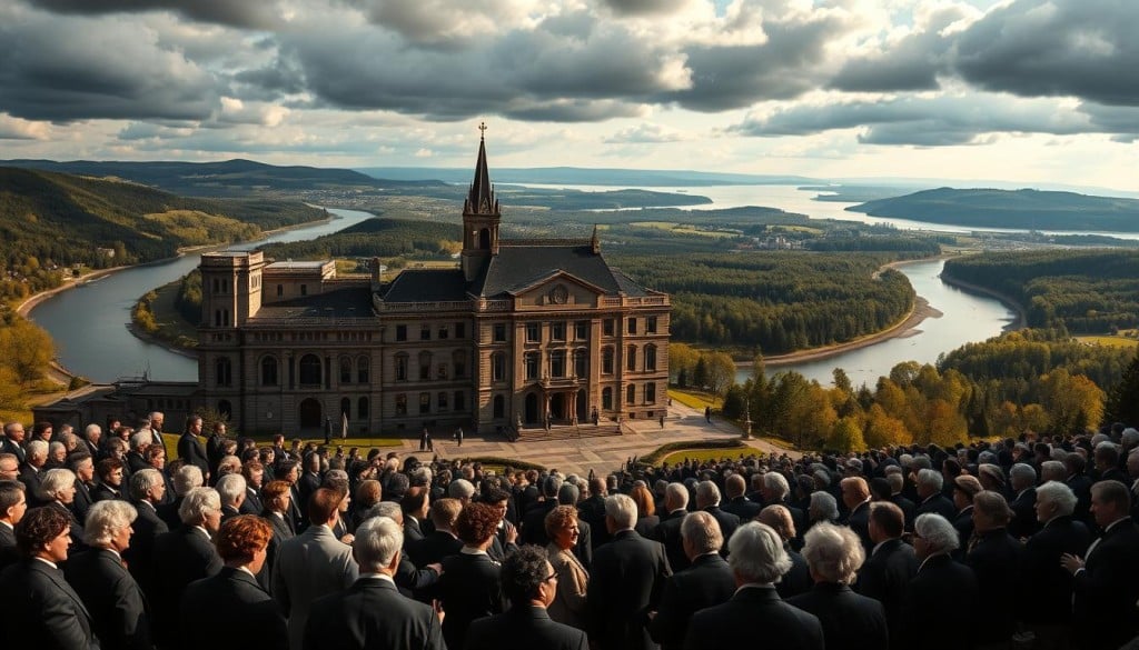 A grand, sweeping panorama of New Brunswick's Confederation history. In the foreground, a gathering of stately, powdered-wigged delegates debating the terms of union, their dignified poses and serious expressions capturing the gravity of the moment. In the middle ground, the impressive limestone walls and spires of the Fredericton Legislative Assembly cast long shadows, hinting at the province's loyal Loyalist heritage. The background features iconic natural landmarks - the winding Saint John River, the rugged Fundy coastline, and the rolling, forested hills - symbolizing the land that would soon become part of the new Dominion of Canada. Dramatic, moody lighting casts a sense of historical weight, while a wide-angle lens conveys the grand scale of this pivotal event in New Brunswick's past.