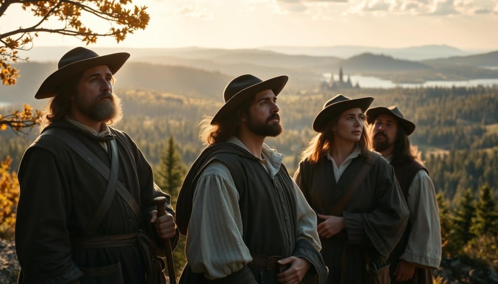 A group of French explorers in traditional 16th century garb, standing amidst rolling hills and forests, with the iconic landmarks of Acadia in the background. Sunlight filters through the trees, casting a warm, golden glow over the scene. The explorers gaze thoughtfully into the distance, their expressions reflecting the sense of discovery and adventure that defined the era of European exploration in Canada. The composition is balanced, with the explorers in the foreground, the landscape in the middle ground, and the distant horizon creating depth and a sense of scale. The overall tone is one of historical significance and the pioneering spirit that shaped the early settlement of Nova Scotia.