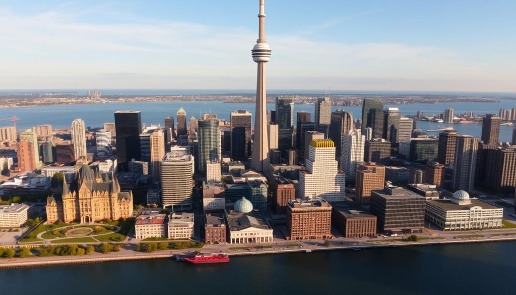 A majestic cityscape rises above the serene waters of Lake Ontario, the iconic CN Tower piercing the sky like a beacon of modernity. Beneath its towering presence, a tapestry of historical landmarks and modern architecture unfolds, from the stately Casa Loma mansion to the bustling streets of the Financial District. Warm sunlight filters through towering glass skyscrapers, casting a golden glow over the city's vibrant cultural heritage, reflected in the diverse array of museums, theaters, and public art installations that dot the landscape. The city's storied past is embodied in the weathered brick facades of heritage buildings, standing as a testament to Toronto's resilience and evolution. This dynamic tableau captures the essence of a city that has grown from a humble frontier town to the thriving heart of Ontario, a testament to the ingenuity and ambition that have shaped the province's history.