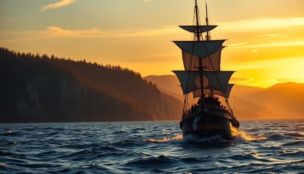 A majestic sailing ship, sails billowing in the wind, glides across the choppy waters of the Newfoundland coast. Rugged cliffs and pine-covered hills rise in the background, casting long shadows under a warm, golden sunset. Explorers and settlers stand on the deck, gazing out toward the horizon, their faces etched with a mix of determination and awe. The scene evokes a sense of adventure and the pioneering spirit of the Age of Exploration, as these intrepid adventurers seek to uncover the secrets of the New World.
