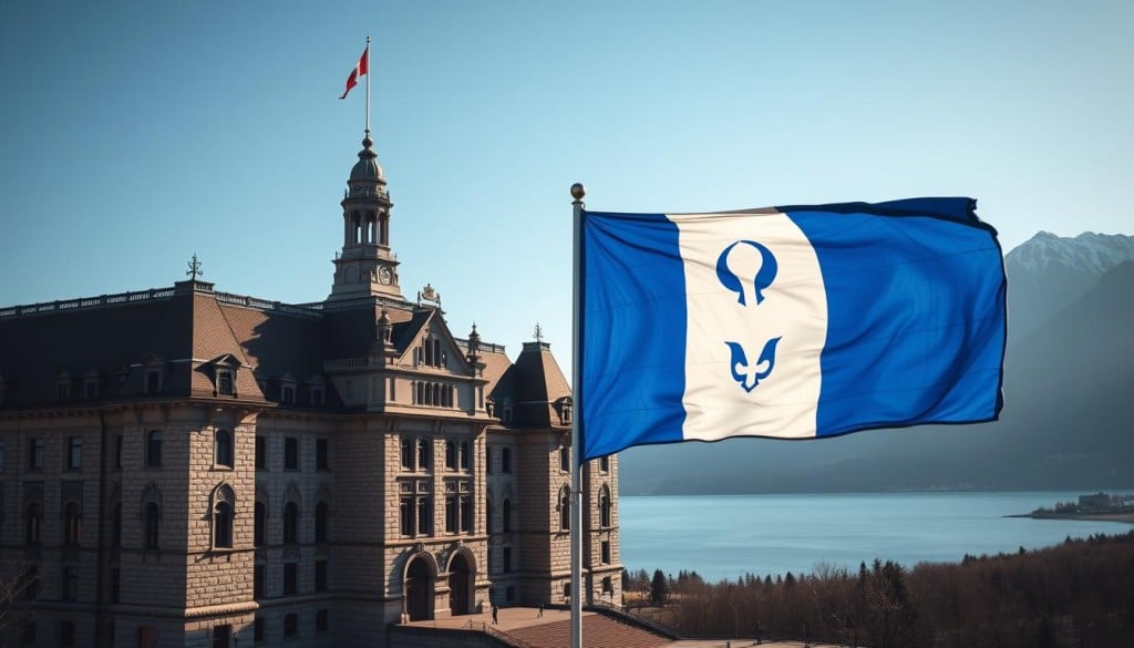 A majestic stone parliament building stands tall, its neo-Renaissance architecture a testament to Quebec's rich political heritage. In the foreground, the fleur-de-lis flag of the Parti Québécois flutters proudly, symbolizing the party's enduring commitment to Quebec's autonomy and cultural identity. The image is infused with a sense of gravitas, captured through dramatic lighting that casts long shadows across the scene. The background features the iconic silhouettes of the St. Lawrence River and the rugged Laurentian mountains, underscoring the province's unique geography and its role in shaping its political landscape.