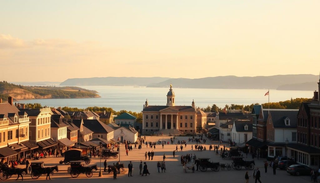 A panoramic view of a picturesque coastal town in Nova Scotia, Canada, in the late 19th century. In the foreground, a bustling town square with period architecture, horse-drawn carriages, and well-dressed residents strolling about. In the middle ground, a grand government building stands proudly, representing the newly formed Dominion of Canada. In the background, the rugged coastline and rolling hills of Nova Scotia, bathed in the warm glow of an afternoon sun. The scene conveys a sense of progress, optimism, and the birth of a new nation, as the province of Nova Scotia joins Confederation in 1867.