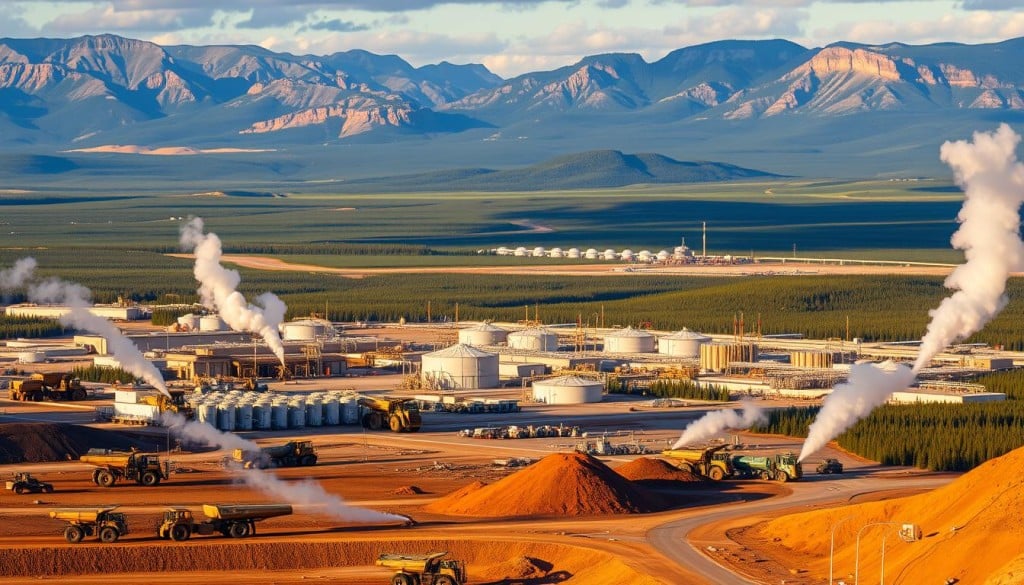 A panoramic view of the Alberta oil sands, a vast industrial landscape nestled amidst rolling hills and boreal forests. In the foreground, massive mining trucks and excavators carve into the earth, extracting the bitumen-rich sands. Billowing columns of smoke and steam rise from the processing facilities, casting a warm, golden glow across the scene. In the middle ground, storage tanks and pipelines snake across the horizon, transporting the precious resources to refineries and export terminals. The background is dominated by the rugged Canadian Shield, its ancient rock formations and verdant vegetation providing a striking contrast to the industrial activity. The overall mood is one of progress and economic dynamism, reflecting the transformative impact of the oil sands on Alberta's economy and society in the post-war era.