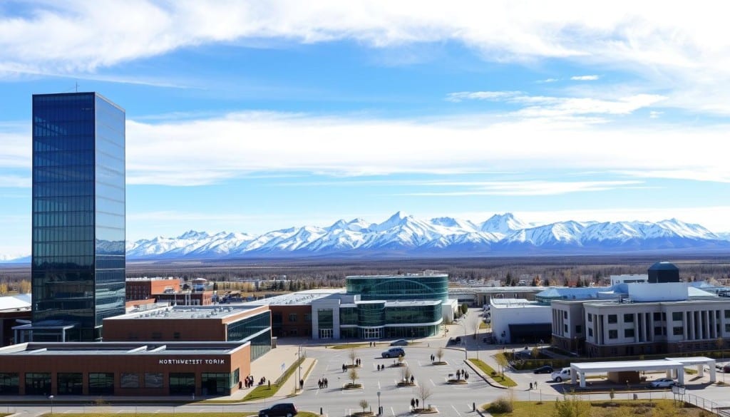 A panoramic view of the modern governance structures in the Northwest Territories, Canada. In the foreground, a sleek, contemporary government building stands tall, its glass facade reflecting the clear northern sky. Surrounding it, a mix of traditional indigenous architecture and modern administrative offices, symbolizing the blending of old and new. In the middle ground, a bustling town square with pedestrians and vehicles, indicating the vibrant civic life. In the background, the majestic Mackenzie Mountains, their snow-capped peaks reaching towards the heavens, a timeless backdrop to the evolution of governance in this land of the midnight sun.