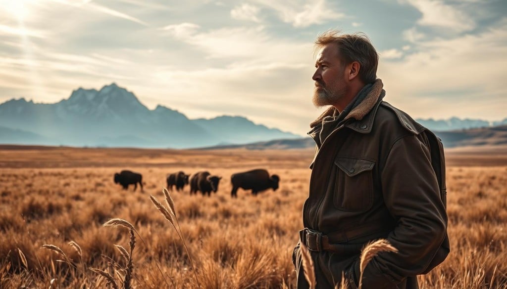 A rugged explorer in a weathered leather coat, Henry Kelsey stands amidst the rolling prairies of Saskatchewan, his gaze fixed on the distant horizon. Sunlight filters through wispy clouds, casting a warm glow across the vast, untamed landscape. In the foreground, tall grasses sway gently, while in the middle ground, a herd of bison grazes peacefully. In the background, the majestic silhouettes of the Canadian Rockies rise, their peaks dusted with snow. The scene conveys a sense of adventure, discovery, and the untamed spirit of the early European explorers who ventured into the heart of the Canadian prairies.