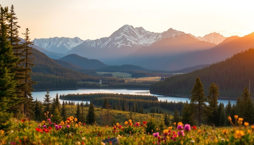 A serene landscape showcasing Ontario's environmental conservation efforts. In the foreground, lush forests and pristine lakes teeming with diverse wildlife. In the middle ground, rolling hills and meadows dotted with vibrant wildflowers. In the background, majestic mountain peaks capped with snow, casting a warm glow under the golden hour sunlight. The scene exudes a sense of tranquility and harmony, highlighting the province's dedication to preserving its natural wonders for generations to come.