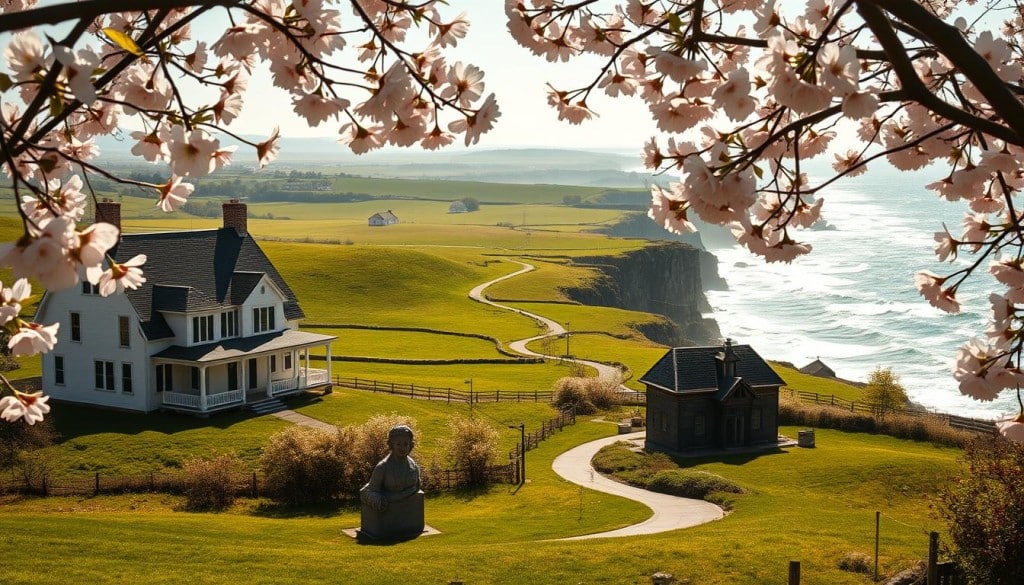 A serene, sun-dappled landscape unfolds, with rolling hills and quaint farmhouses. In the foreground, a stately manor house stands, its Victorian architecture a testament to the island's literary heritage. Delicate cherry blossoms drift through the air, framing a statue of Lucy Maud Montgomery, the renowned author whose beloved novels, such as "Anne of Green Gables," immortalized the island's natural beauty. In the middle ground, a winding path leads past a cozy cottage, where the ghosts of past literary luminaries seem to linger. The background is dominated by the rugged coastline, its rugged cliffs and crashing waves capturing the dramatic essence of Prince Edward Island's literary legacy.