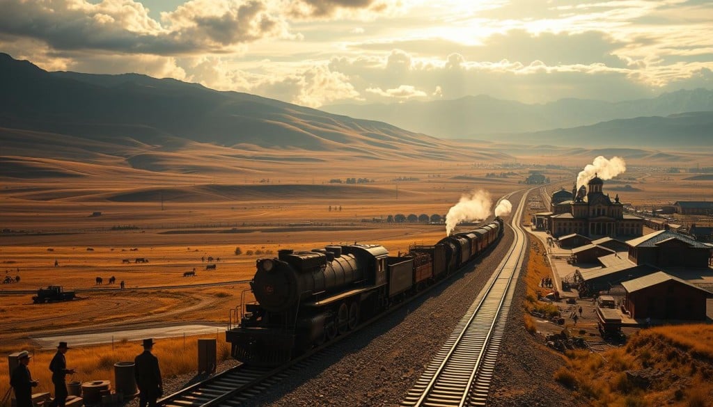 A sprawling landscape of rolling hills and vast prairies, dotted with the iconic silhouettes of steam locomotives chugging along the gleaming rails of the Canadian Pacific Railway. In the foreground, workers in period-accurate attire bustle about, loading cargo and tending to the maintenance of the tracks, while in the distance, grand Victorian-era stations and bustling train yards signify the economic expansion and development that the railways have brought to the rugged wilderness of Alberta. Warm sunlight filters through wispy clouds, casting a golden glow over the scene, evoking a sense of progress and prosperity. The composition captures the pivotal role of the railways in transforming this frontier land into a modern, thriving economic powerhouse.