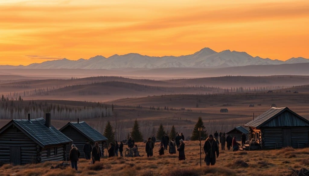 A sprawling landscape of the Northwest Territories during the Fur Trade Era. In the foreground, weathered log cabins and fur traders barter with indigenous groups, their woolen coats and heavy furs blending with the rugged terrain. The middle ground reveals rolling hills dotted with birch and pine, their silhouettes painted against a vivid orange sky as the sun dips low. In the distance, the majestic silhouette of snow-capped mountains rises, hinting at the vast, untamed wilderness that drew European explorers and traders to this remote northern land. Soft natural lighting illuminates the scene, capturing the sense of discovery and the clashing of cultures that defined this pivotal period in the history of the Northwest Territories.