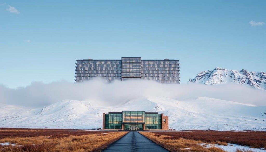A sprawling, multi-story edifice of glass, steel, and stone stands proudly against the backdrop of the rugged Arctic landscape. The Nunavut Arctic College, a beacon of education in Canada's northernmost territory, occupies a central position, its modern architecture blending seamlessly with the region's natural beauty. Soft, diffused light filters through the building's expansive windows, casting a warm, inviting glow. In the foreground, a path leads towards the college's main entrance, framed by towering snow-capped mountains and a boundless, azure sky. The scene evokes a sense of academic rigor, cultural preservation, and the pursuit of knowledge in this remote, yet vital, corner of the world.
