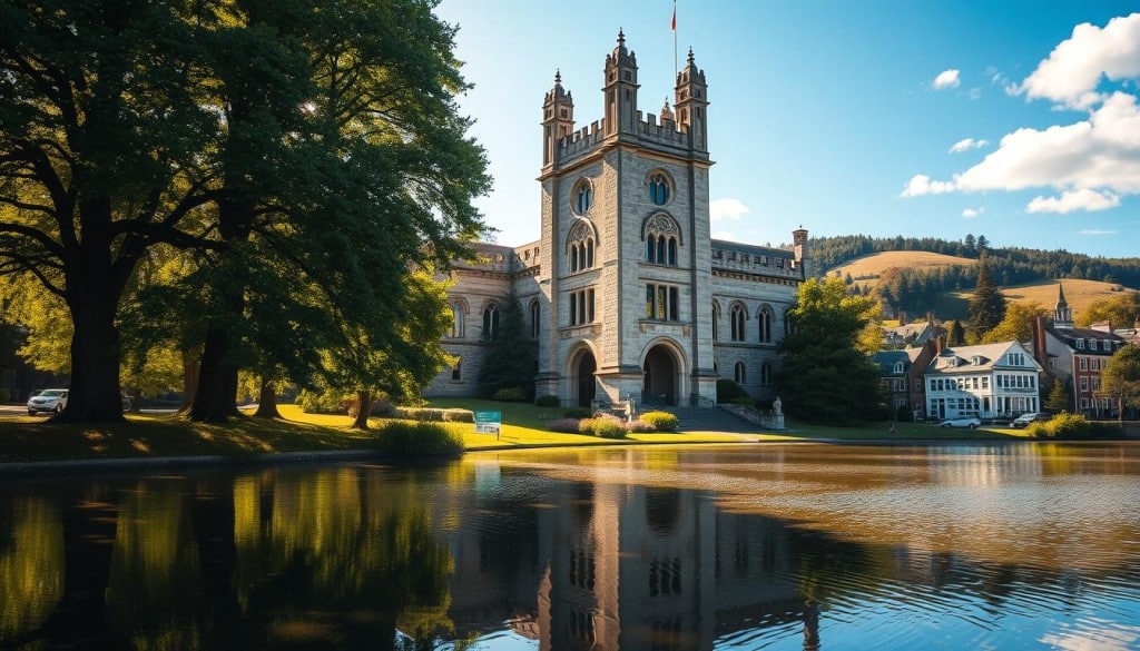 A stately limestone structure stands tall, its grand towers and arched windows reflecting the rich history of King's College, a beloved landmark in the heart of Fredericton, New Brunswick. Sunlight filters through the lush trees, casting a warm glow on the intricate carvings and weathered facade. In the foreground, a tranquil pond reflects the college's timeless elegance, while in the distance, the rolling hills and charming historic buildings of the city create a picturesque backdrop. This scene embodies the educational legacy and innovative spirit that have long defined New Brunswick, a province steeped in Loyalist tradition and a commitment to progress.