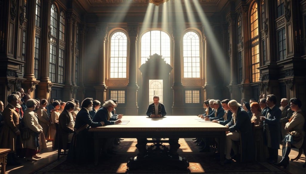 A sweeping, panoramic landscape depicting the signing of the Treaty of Paris in 1763, marking the end of the French and Indian War. In the foreground, a grand, ornate table is set, surrounded by statesmen in elaborate 18th-century attire, engaged in solemn negotiations. Sunlight streams through tall windows, casting a warm, golden glow over the scene. In the background, the stately architecture of an old European palace provides a majestic backdrop, with intricate columns and ornate detailing. The mood is one of historical significance, as the fate of Quebec is decided through the stroke of a quill. The composition is balanced, with a sense of gravity and solemnity befitting the momentous occasion.