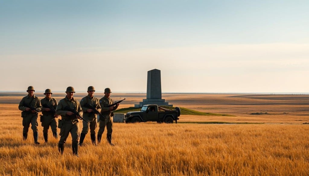A vast prairie landscape, rolling golden fields under a vast sky, with a distant horizon line. In the foreground, soldiers in uniform stand resolute, rifles in hand, their faces etched with determination. A lone military vehicle, its metal gleaming, stands as a silent witness to the events unfolding. In the middle ground, a war memorial, its stone weathered and solemn, pays tribute to the sacrifices of the past. The lighting is soft, casting a muted, nostalgic glow over the scene, evoking the weight of history. This image captures Saskatchewan's critical role in the World Wars, a testament to the bravery and resilience of its people.