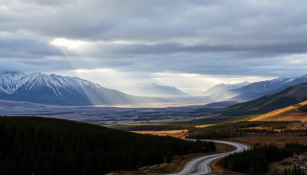 A vast, rolling landscape unfolds before the viewer, dominated by the rugged, snow-capped peaks of the Newfoundland interior. In the foreground, a winding dirt road snakes its way through the valleys, flanked by dense, evergreen forests. The sky is a moody blend of grays and blues, with rays of sunlight peeking through the clouds, casting a warm, golden glow over the scene. In the distance, the silhouettes of historic towns and settlements dot the horizon, hinting at the rich history and heritage of this unique Canadian province. The whole composition exudes a sense of timelessness and the enduring spirit of the Newfoundland people, capturing the essence of "The Road to Confederation."