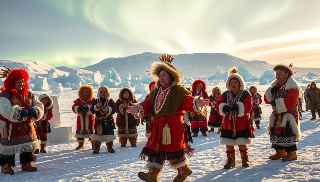 A vibrant celebration of Inuit culture unfolds in the rugged, snow-capped landscapes of Nunavut. In the foreground, traditional Inuit dancers clad in intricate parkas and mukluks perform a rhythmic, ceremonial dance, their movements graceful and precise. The middle ground features indigenous artisans showcasing their handcrafted wares - beautifully carved soapstone sculptures, vibrant textiles, and intricate beadwork. In the distant background, majestic icebergs and the shimmering northern lights create a stunning natural backdrop, conveying the raw, elemental beauty of this remote Arctic region. The scene is illuminated by a warm, golden light, lending an air of celebration and timelessness to the cultural festivities.