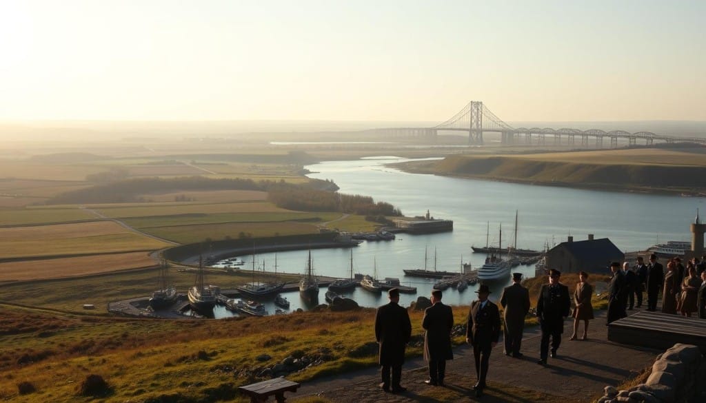 An expansive landscape of rolling hills and lush meadows, with the majestic Confederation Bridge in the distance, marking the gateway to Prince Edward Island. In the foreground, a bustling seaport, ships from the British Empire docked along the quay, unloading cargoes and passengers. Figures in period attire, officials in tailored suits and military uniforms, converse and oversee the proceedings, symbols of the island's new colonial status. The sky is hazy, a warm glow from the setting sun casting long shadows, creating an atmosphere of both progress and unease, as the island's native inhabitants witness the arrival of their new overlords. The composition emphasizes the juxtaposition of the island's natural beauty and the encroaching colonial presence, a pivotal moment in its history.