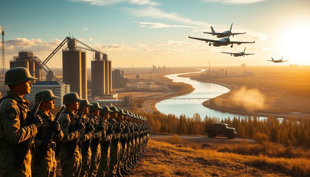 Sweeping vistas of Winnipeg's storied military history, captured in a magnificent landscape. In the foreground, a regiment of soldiers in crisp uniforms, rifles at the ready, stand resolute against the backdrop of the city's iconic architecture. Towering grain elevators and the winding Red River cut through the middle ground, a testament to the region's industrial and agricultural might. In the distance, the sturdy silhouettes of military vehicles and aircraft soar, representing Winnipeg's strategic role in Canada's defense. Warm, golden light bathes the scene, imbuing it with a sense of pride and enduring strength. Masterfully composed, this image reflects Manitoba's unwavering spirit and its deep-rooted connection to the nation's military heritage.